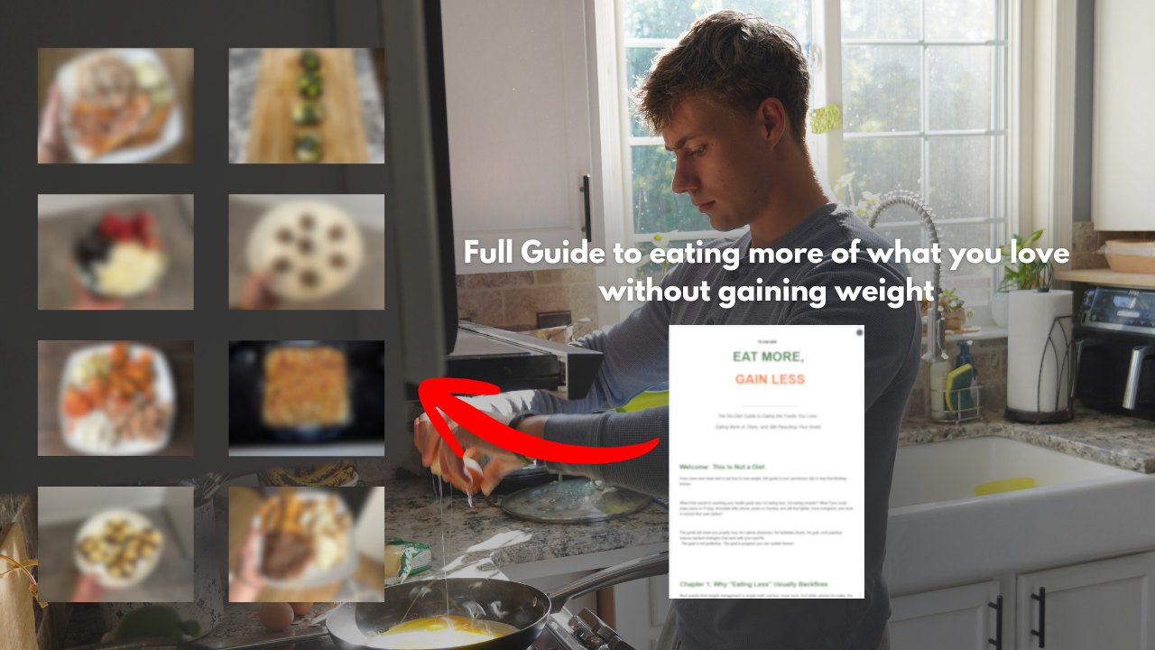 Your coach cooking eggs in a kitchen, beside a grid of meal photos and a preview of the Eat More, Gain Less guide, titled: full guide to eating more of what you love without gaining weight